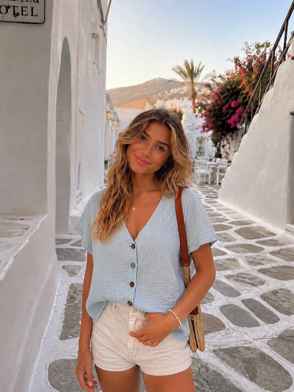 Powder Blue Cotton Gauze Button Front Top Cottagecore Coastal European Vacation